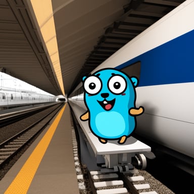 Go Blue Gopher happy in front of Shinkansen train