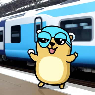 Go Blue Gopher happy in front of Shinkansen train