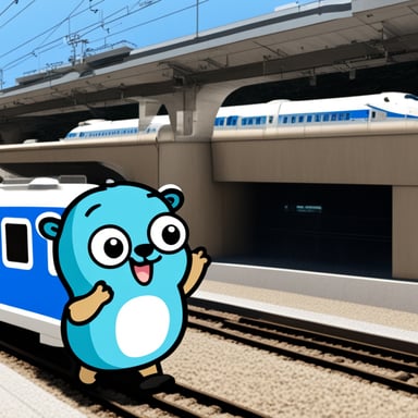 Go Blue Gopher happy in front of Shinkansen train