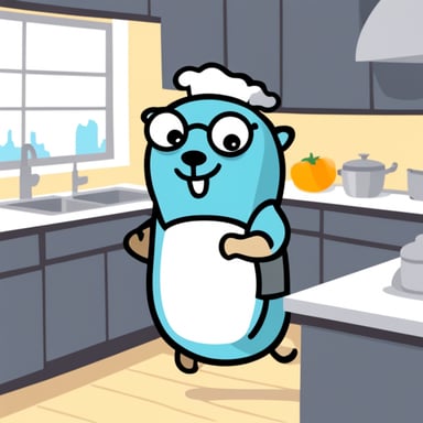 Go Blue Gopher standing in the kitchen preparing a nice meal.