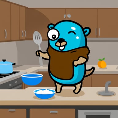 Go Blue Gopher standing in the kitchen preparing a nice meal.