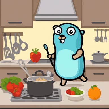 Go Blue Gopher standing in the kitchen preparing a nice meal.