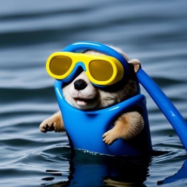 A go blue gopher wearing goggles and a snorkel, ready for a swim.