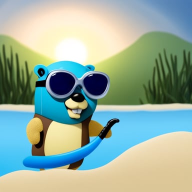 A go blue gopher wearing goggles and a snorkel, ready for a swim.