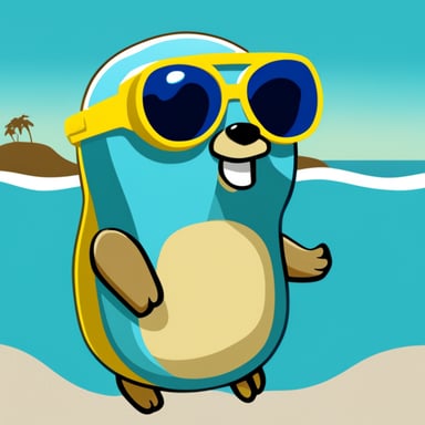 A go blue gopher wearing goggles and a snorkel, ready for a swim.