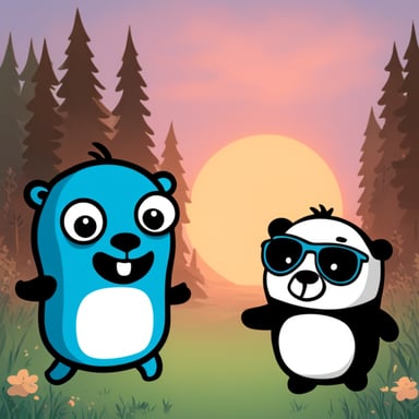Happy go blue gopher with panda
