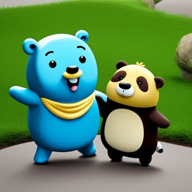 Happy go blue gopher with panda