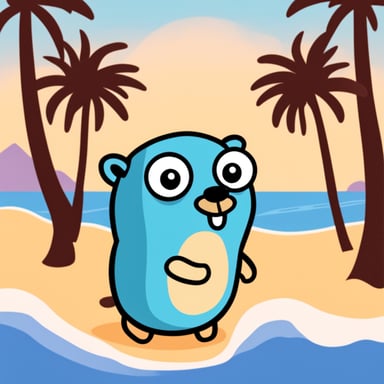 Go Blue Gopher on beach with palms.