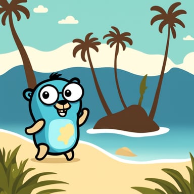 Go Blue Gopher on beach with palms.