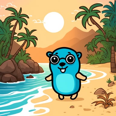 Go Blue Gopher on beach with palms.
