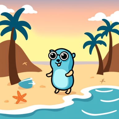 Go Blue Gopher on beach with palms.