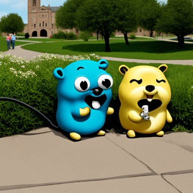 Two go blue gophers telephoning their friend.