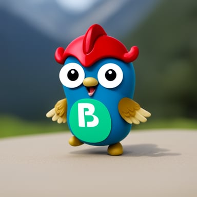 Go blue gopher with red falcon wings on his back, wings pointed upwards, and a green letter B on his belly.