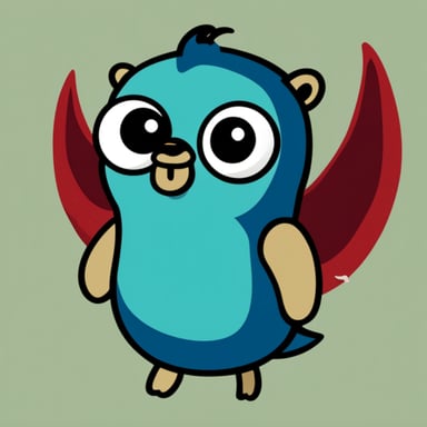Go blue gopher with red falcon wings on his back, wings pointed upwards, and a green letter B on his belly.