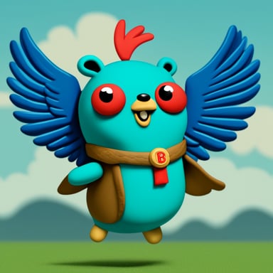 Go blue gopher with red falcon wings on his back, wings pointed upwards, and a green letter B on his belly.