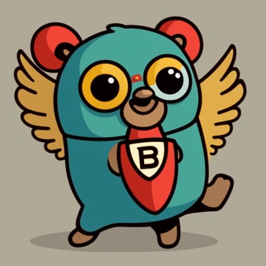 Go blue gopher with red falcon wings on his back, wings pointed upwards, and a green letter B on his belly.