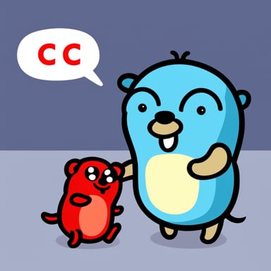 Go Blue Gopher passing a Red C++ Gopher