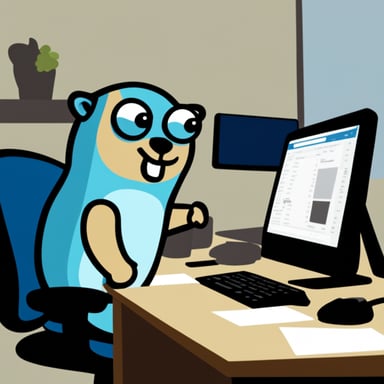 Go Blue Gopher sat at a desk working on a computer.