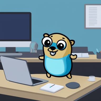Go Blue Gopher sat at a desk working on a computer.