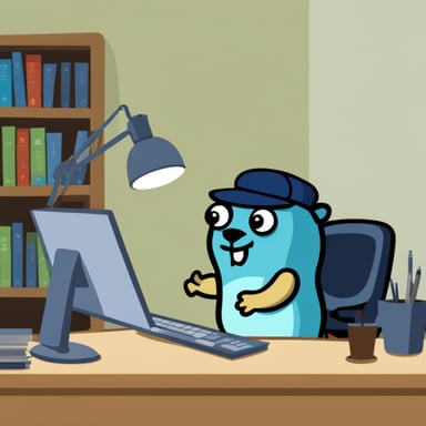 Go Blue Gopher sat at a desk working on a computer.