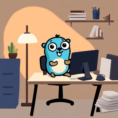 Go Blue Gopher sat at a desk working on a computer.