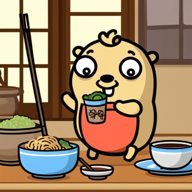 Go Blue Gopher eating a Japanese meal with chopsticks