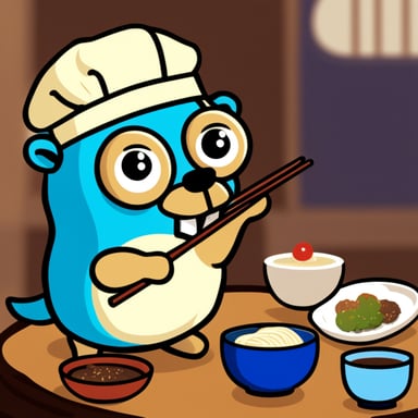 Go Blue Gopher eating a Japanese meal with chopsticks