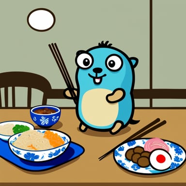 Go Blue Gopher eating a Japanese meal with chopsticks