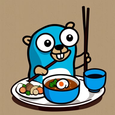 Go Blue Gopher eating a Japanese meal with chopsticks