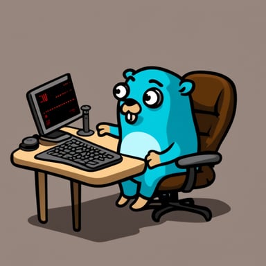 A Go Blue Gopher, sitting at a keyboard and typing, while sweating under the pressure of the timer that is running out.