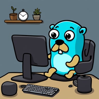 A Go Blue Gopher, sitting at a keyboard and typing, while sweating under the pressure of the timer that is running out.