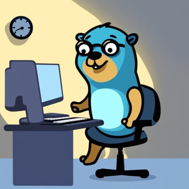 A Go Blue Gopher, sitting at a keyboard and typing, while sweating under the pressure of the timer that is running out.