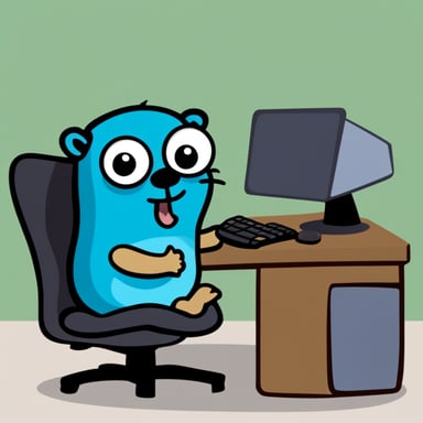 A Go Blue Gopher, sitting at a keyboard and typing, while sweating under the pressure of the timer that is running out.