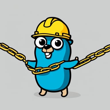 A 2D illustration of Go Blue Gopher wearing a construction helmet, set against a solid white background, is shown interacting with a short chain that represents a hyperlink.