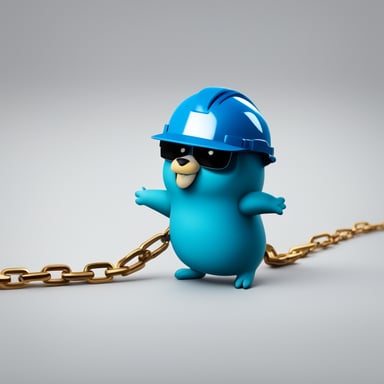 A 2D illustration of Go Blue Gopher wearing a construction helmet, set against a solid white background, is shown interacting with a short chain that represents a hyperlink.