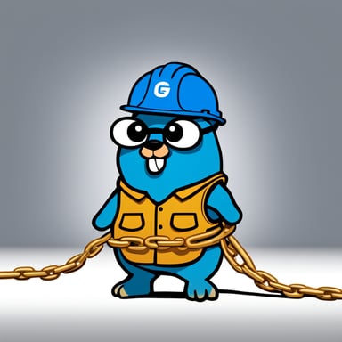 A 2D illustration depicts Go Blue Gopher wearing a construction helmet, set against a solid white background, tangled in a chain on the floor.