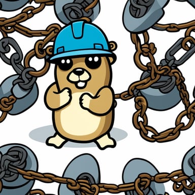 A 2D illustration depicts Go Blue Gopher wearing a construction helmet, set against a solid white background, tangled in a chain on the floor.