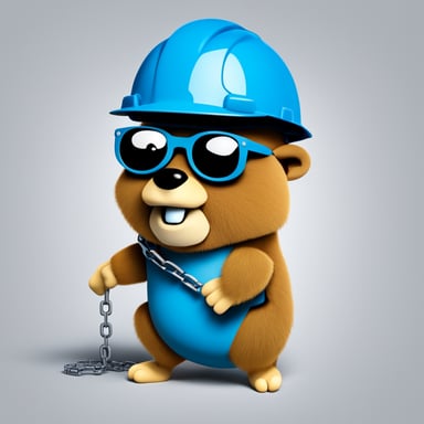 A 2D illustration depicts Go Blue Gopher wearing a construction helmet, set against a solid white background, tangled in a chain on the floor.