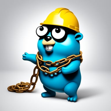 A 2D illustration depicts Go Blue Gopher wearing a construction helmet, set against a solid white background, tangled in a chain on the floor.