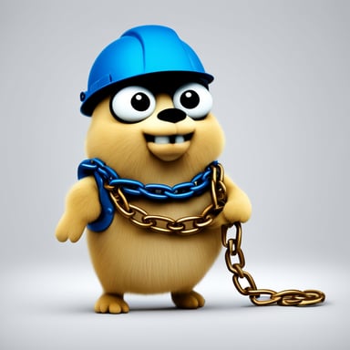 A 2D illustration of Go Blue Gopher wearing a construction helmet, set against a solid white background (no shadows whatsoever), is shown interacting with a short chain that represents a hyperlink and getting entangled by it. He looks confused.
