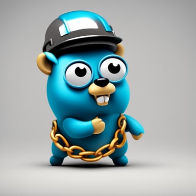 A 2D illustration of Go Blue Gopher wearing a construction helmet, set against a solid white background (no shadows whatsoever), is shown interacting with a short chain that represents a hyperlink and getting entangled by it. He looks confused.