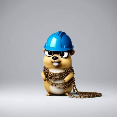 A 2D illustration of Go Blue Gopher wearing a construction helmet, set against a solid white background (no shadows whatsoever), is shown interacting with a short chain that represents a hyperlink and getting entangled by it. He looks confused.