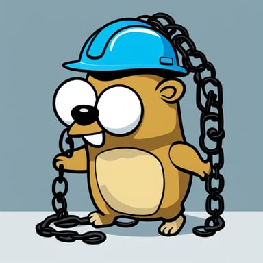A 2D illustration shows Go Blue Gopher wearing a construction helmet, interacting with a short chain representing a hyperlink and getting entangled by it against a solid white background. He appears confused, embodying a blue, cartoonish style.