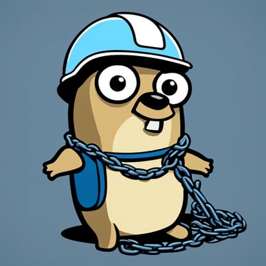 A 2D illustration shows Go Blue Gopher wearing a construction helmet, interacting with a short chain representing a hyperlink and getting entangled by it against a solid white background. He appears confused, embodying a blue, cartoonish style.