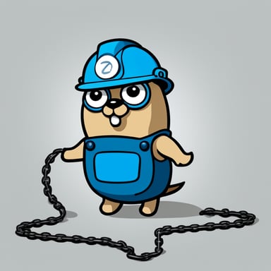 A 2D illustration shows Go Blue Gopher wearing a construction helmet, interacting with a short chain representing a hyperlink and getting entangled by it against a solid white background. He appears confused, embodying a blue, cartoonish style.