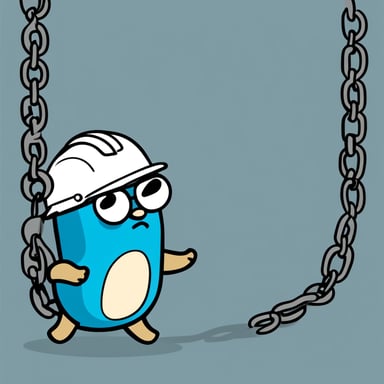 A 2D illustration shows Go Blue Gopher wearing a construction helmet, interacting with a short chain representing a hyperlink and getting entangled by it against a solid white background. He appears confused, embodying a blue, cartoonish style.