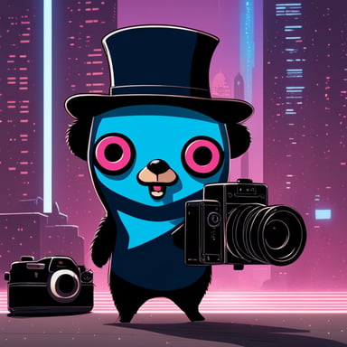 Go Blue Gopher as a cyberpunk gopher with a robot pal and camera eyes.