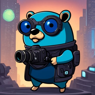 Go Blue Gopher as a cyberpunk gopher with a robot pal and camera eyes.