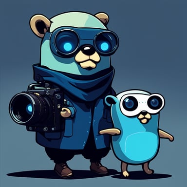Go Blue Gopher as a cyberpunk gopher with a robot pal and camera eyes.