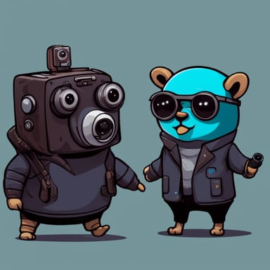 Go Blue Gopher as a cyberpunk gopher with a robot pal and camera eyes.